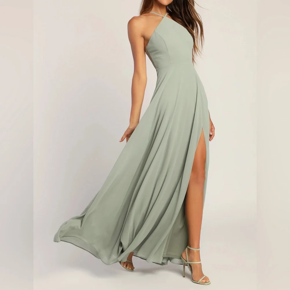 Lulus Sage Green Halter Maxi Dress w/ Slit | XL | Like New - Picture 8 of 13